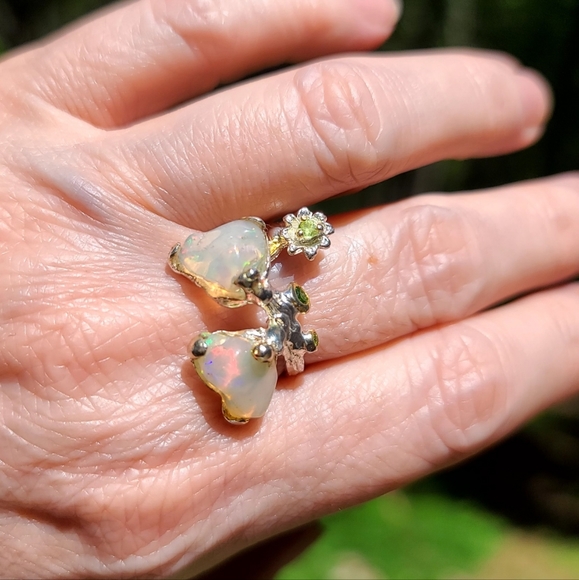 Opal Crome Diopside & Peridot Natural Gemstone sterling & Gold ring sz 9
